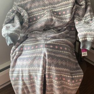 Grey and pink fleece onesie with hood. Zip front.